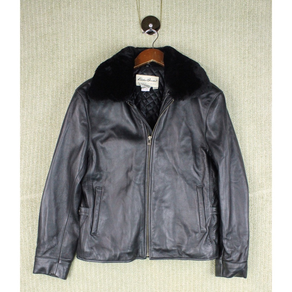 Eddie Bauer Black Leather Jacket Detachable Lamb Fur Collar Aviator Womens M